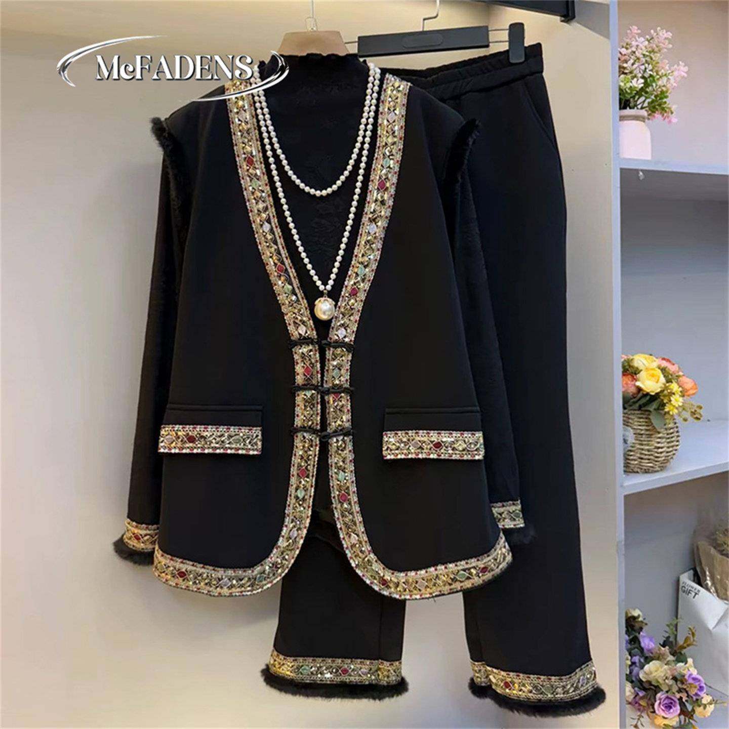 香港大码民族风重工镶边马甲加绒套装胖mm显瘦百搭打底裤子三件套,女装/女士精品,大码套装,淘宝优惠券,粉丝福利购,淘宝优惠卷