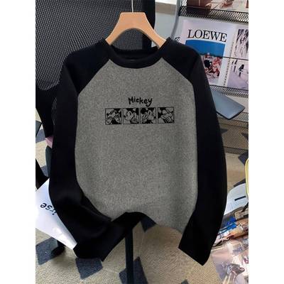 韩国撞色磨毛正肩长袖t恤女纯棉百搭加厚印花上衣打底衫秋冬季