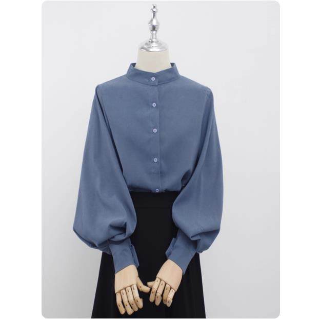 专柜孔雀蓝灯笼袖复古衬衫女2025春秋新款港味单排扣磨毛立领上衣