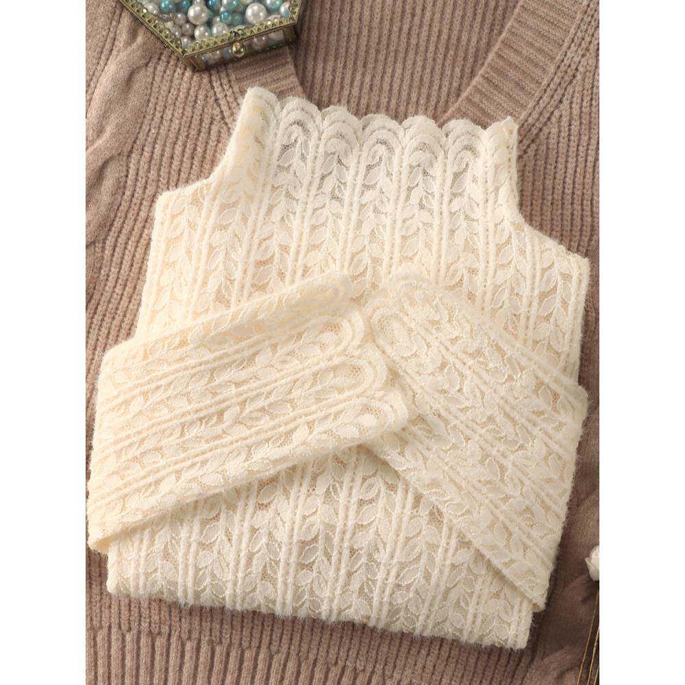 欧货半高领磨毛蕾丝打底衫女加绒秋冬季新款洋气内搭小衫网纱上衣