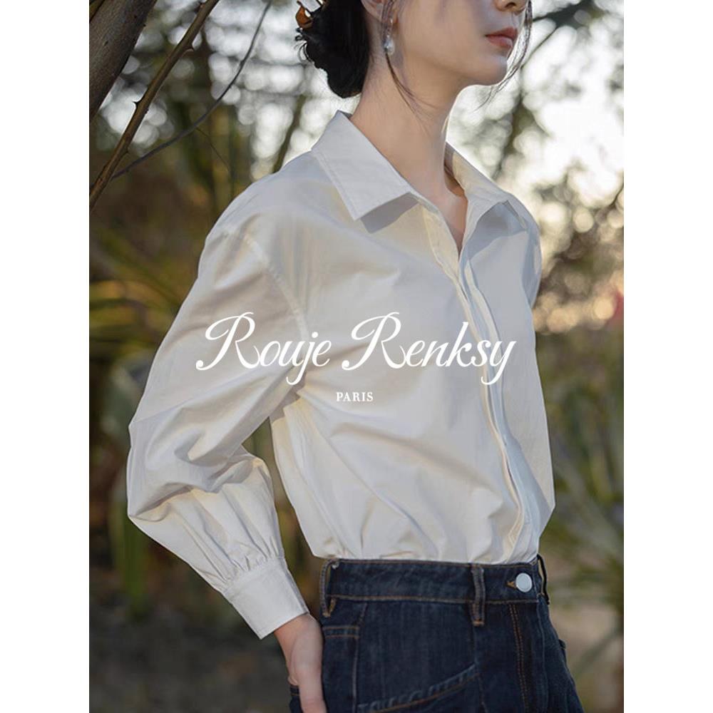 法国Rouje Renksy简约气质白色polo领衬衫设计感小众衬衫洋派女秋