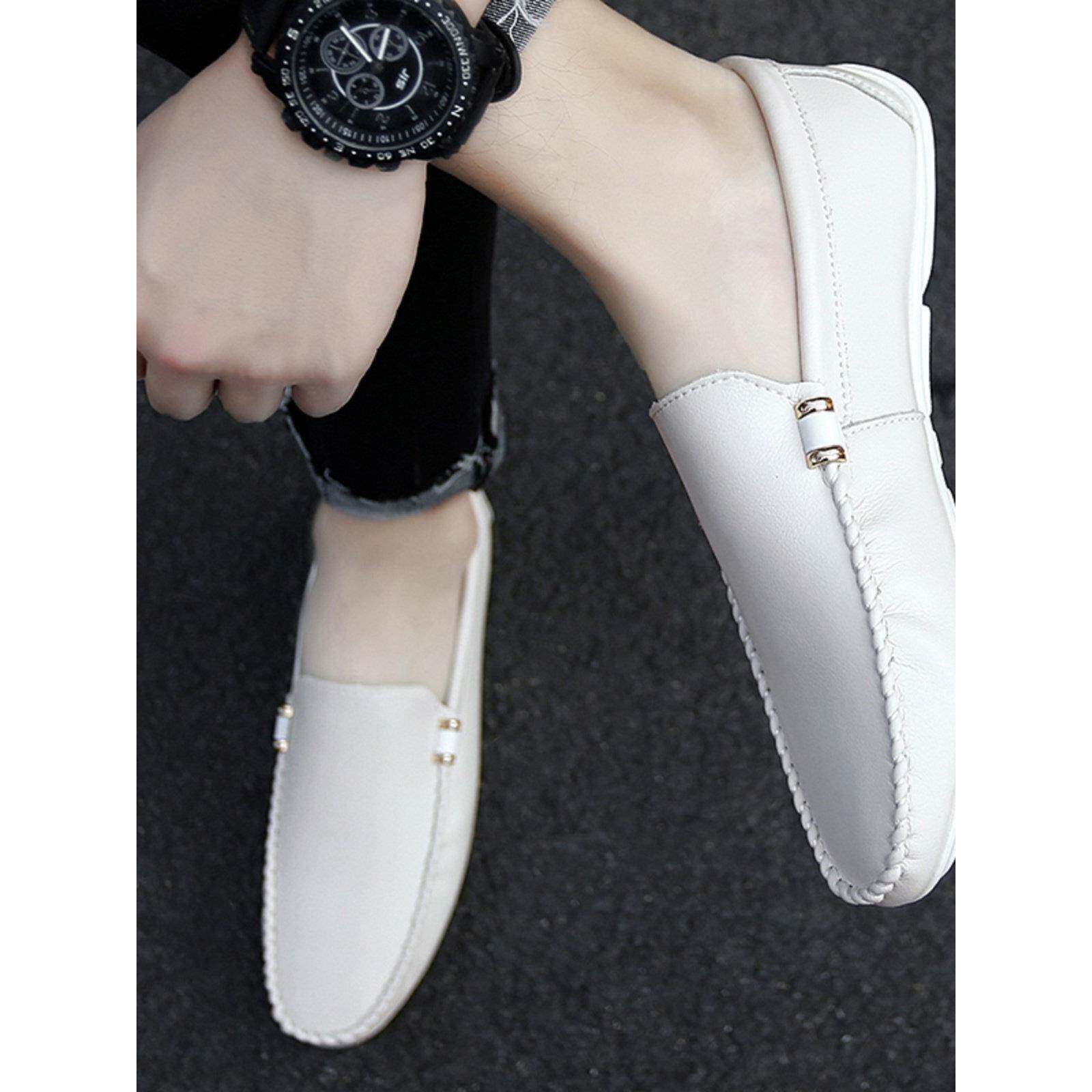 意大利豆豆鞋男2025春夏新款白色休闲皮鞋一脚蹬懒人软底开车男鞋