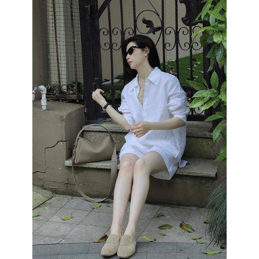 LEADINGLADY 亚麻白色衬衫短裤套装女两件套宽松简约防晒衣衬衫