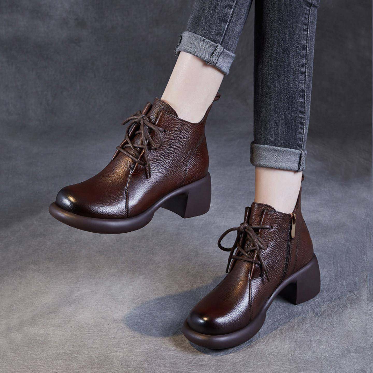 真皮粗跟马丁靴女款2025新款低帮棕色头层牛皮英伦风软皮早秋短靴