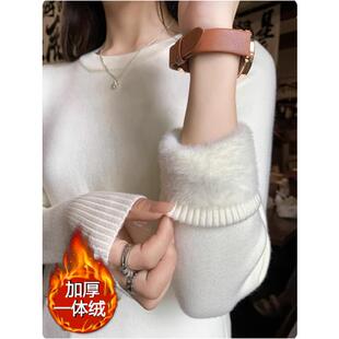 专柜圆领毛衣女加绒加厚一体绒打底衫2025秋冬季修身保暖内搭上衣
