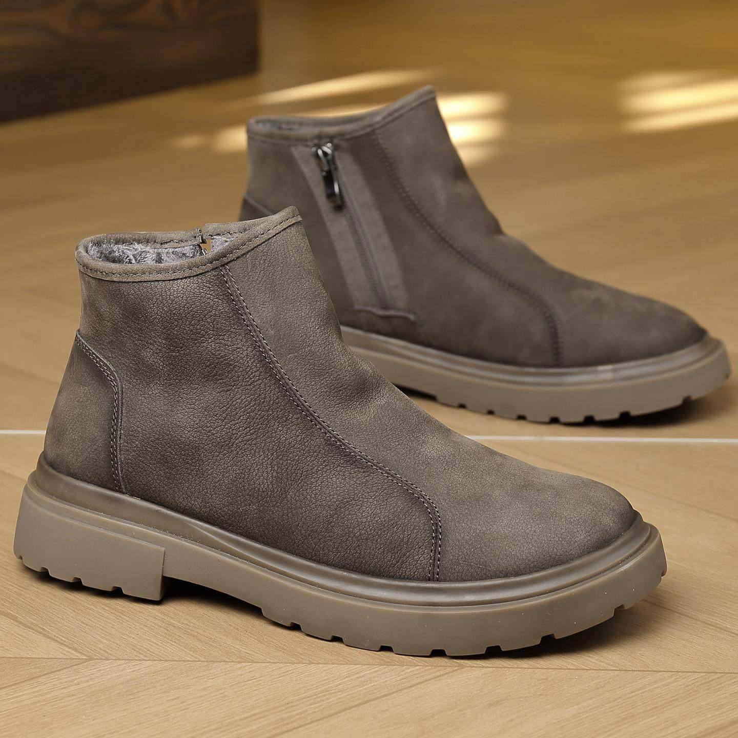 香港真皮男鞋冬季加绒切尔西短靴男士马丁靴复古冬鞋高帮二棉皮鞋