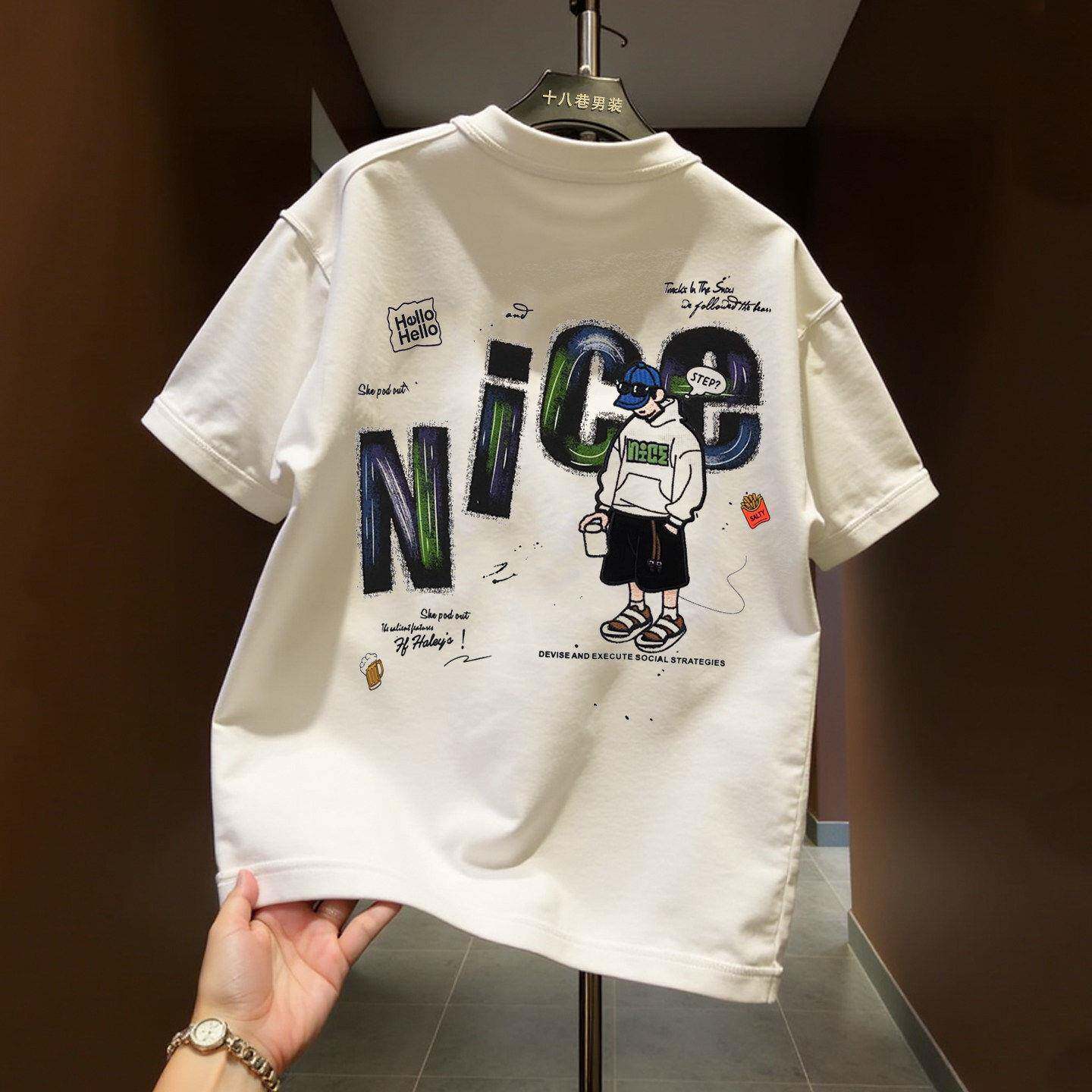 MAROLIO~引领街头时尚！高街痞帅短袖T恤男潮流印花百搭圆领上衣