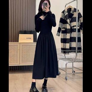 香港赫本风半高领黑色连衣裙子秋冬中长款大衣内搭打底衫毛衣长裙