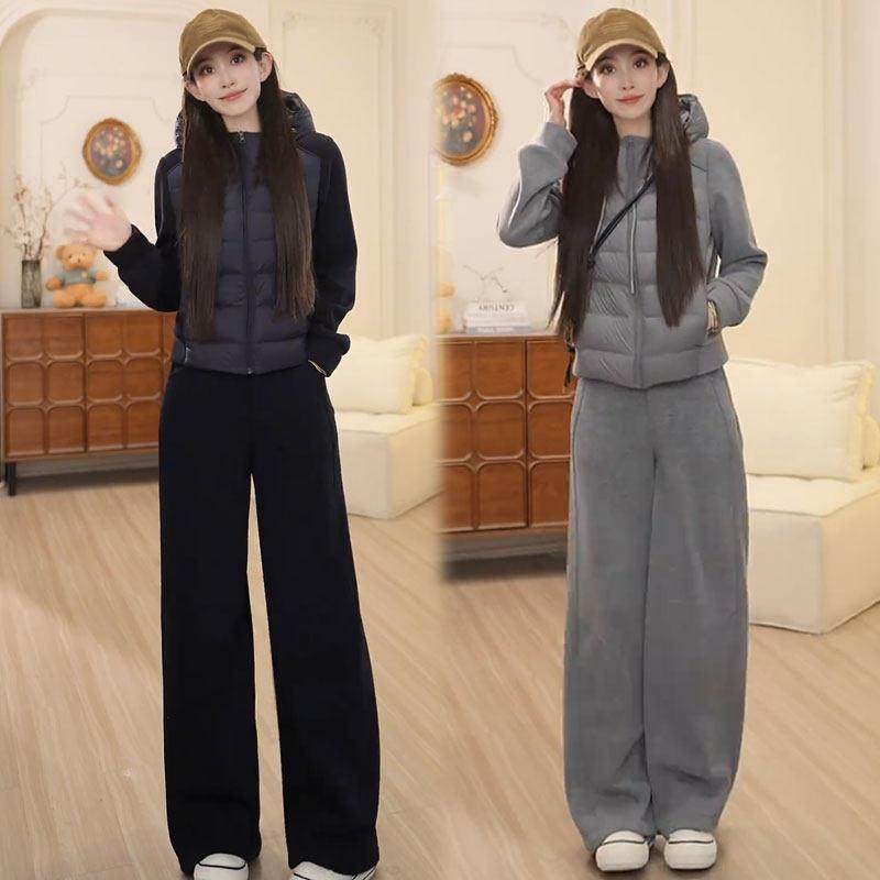 香港代购时尚休闲套装女冬季新款连帽棉衣外套加绒阔腿裤两件套潮