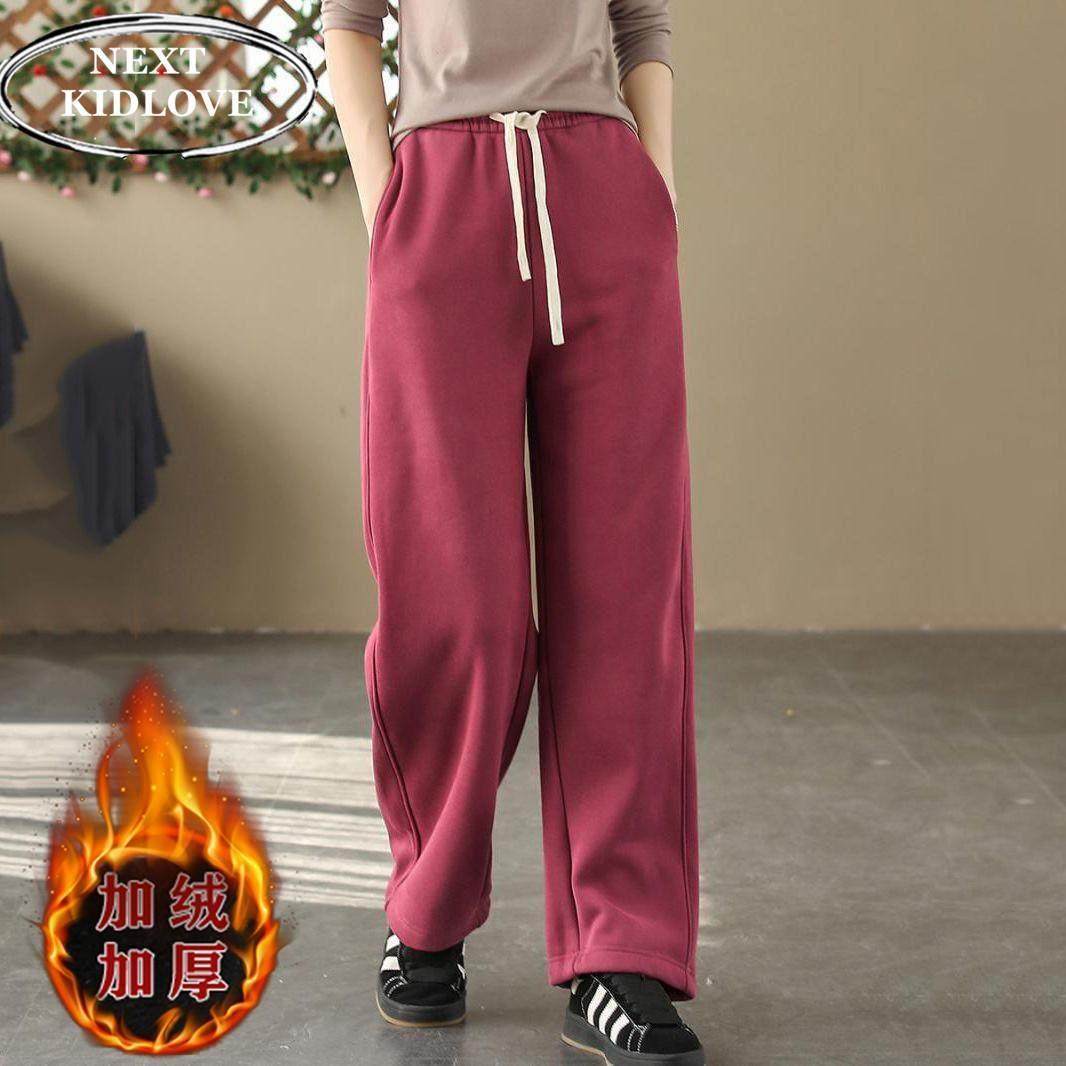 香港2024冬款松紧腰加绒加厚全棉针织卫裤女高腰休闲打底阔腿长裤,女装/女士精品,大码裤装,淘宝优惠券,粉丝福利购,淘宝优惠卷