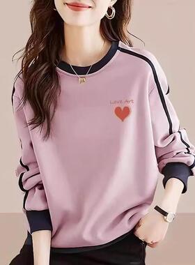 香港TIMO大码宽松美式粉色圆领卫衣女2025春秋季休闲印花加厚上衣