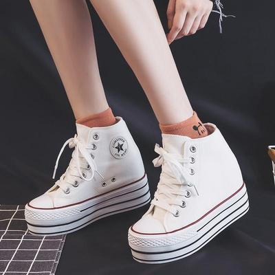 韩国2025新款内增高10厘米帆布鞋潮厚底高帮鞋加绒鞋系带松糕女鞋