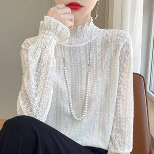 欧洲站半高领蕾丝打底衫女2025新款春秋冬高级感轻奢小香风上衣潮