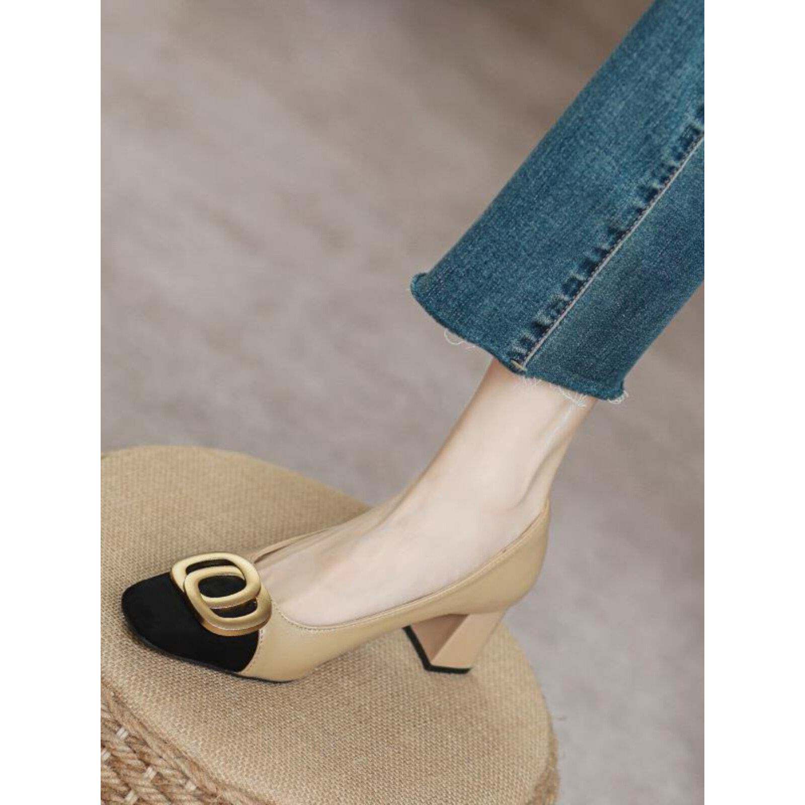 店主自留新款~真皮中跟粗跟高跟鞋女2025春秋季浅口法式方头单鞋