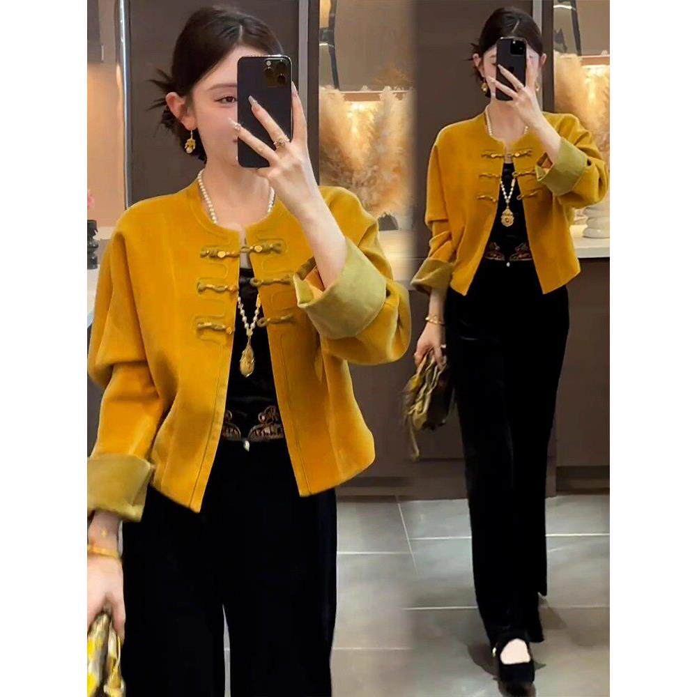 香港代购新中式丝绒盘扣短外套女秋季新款小个子国风百搭气质上衣