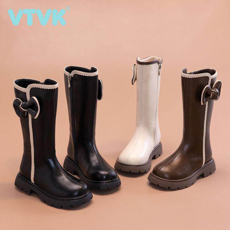 VTVK真皮女童长筒靴2025新款秋冬加绒靴子女孩鞋子高筒长靴马丁靴
