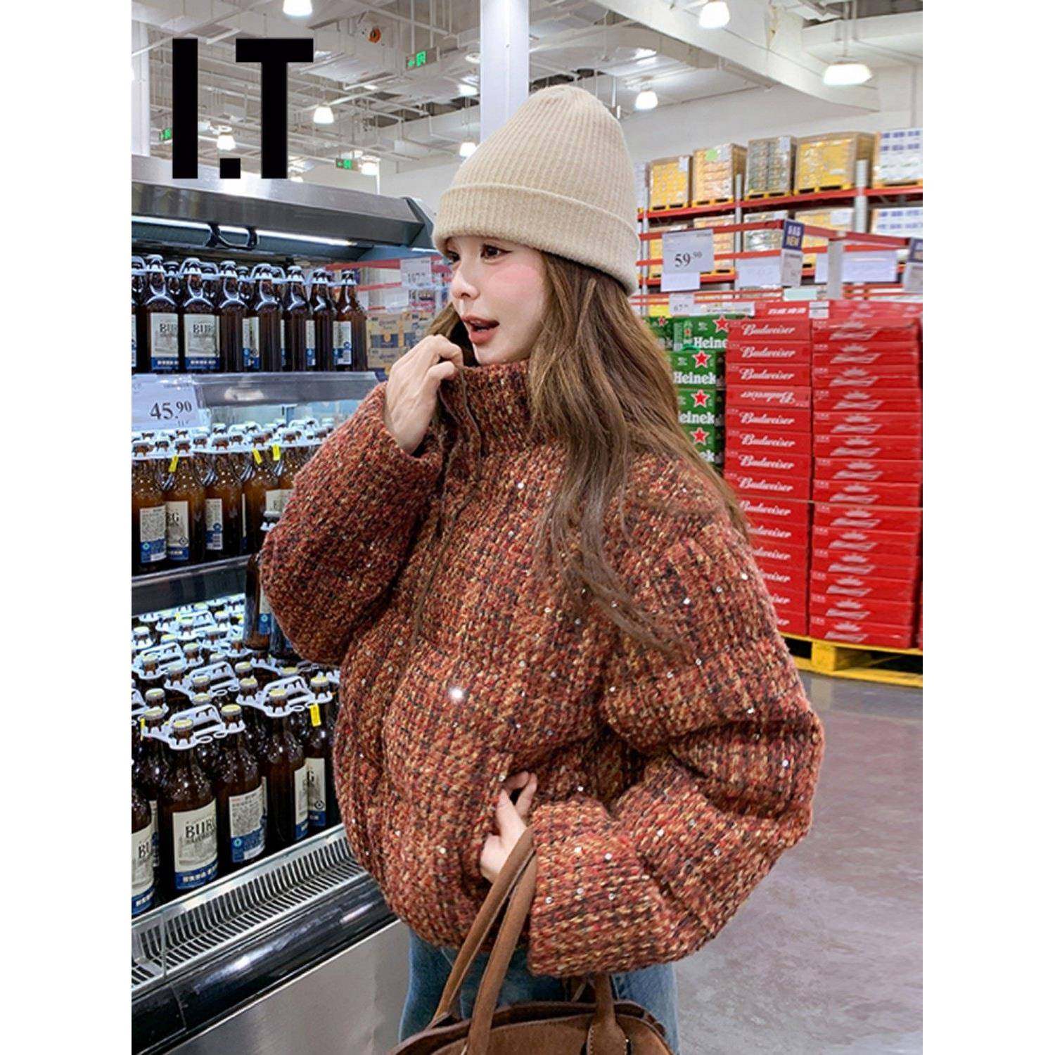 香港冬季韩系覆古格纹小香风短款羽绒服女粗花呢立领加厚保暖外套