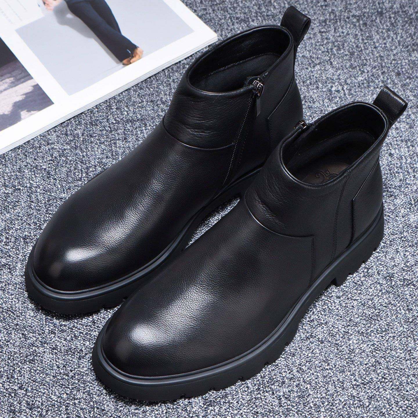 香港真皮软皮面切尔西靴男款休闲百搭真皮高帮皮鞋新款男士马丁靴