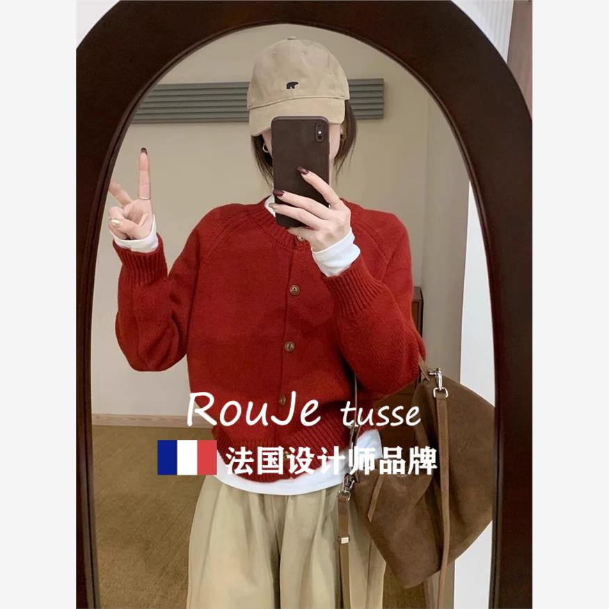 圣诞红色圆领羊绒针织开衫女秋冬款高级感小香风毛衣外套羊毛上衣