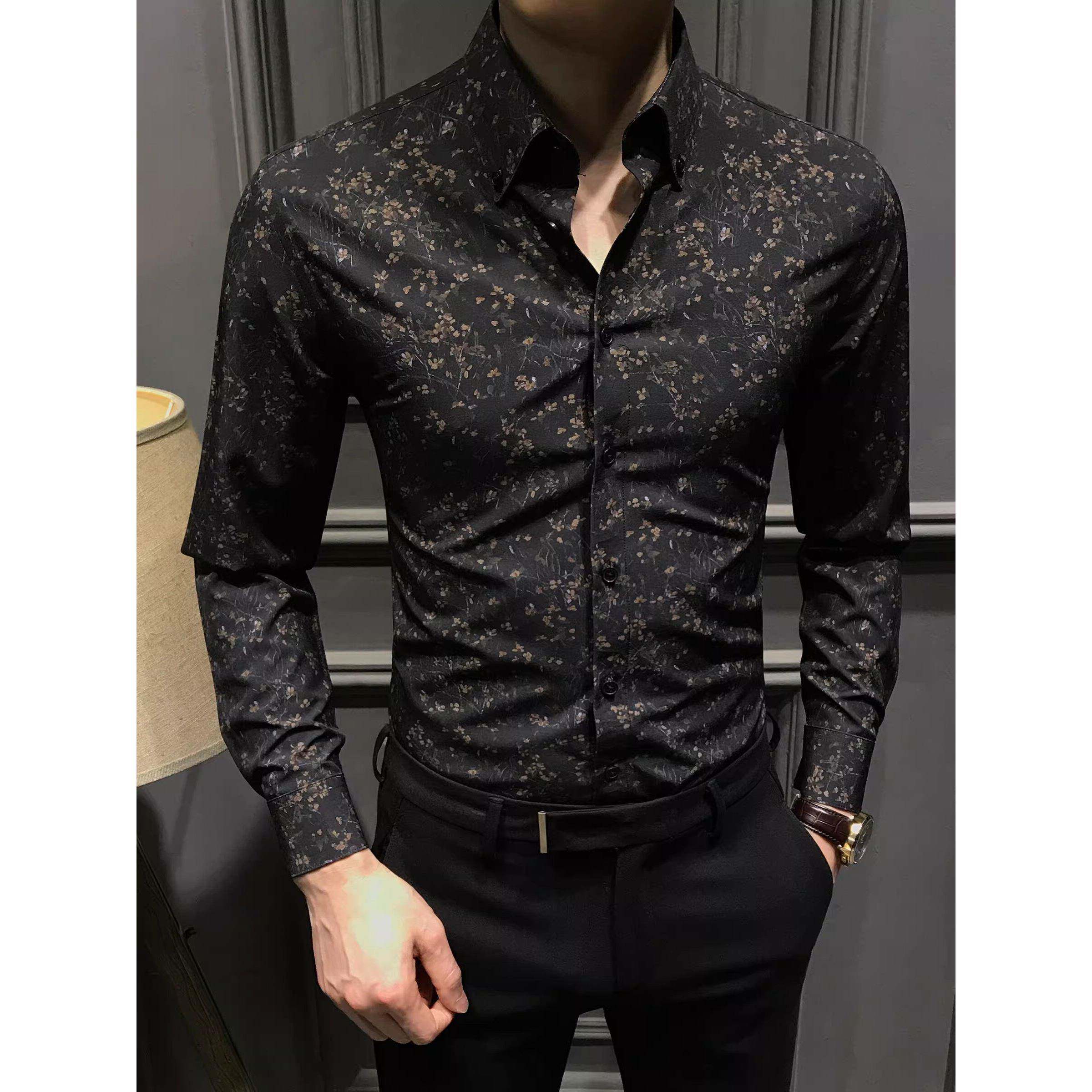 潮牌痞帅碎花男士长袖衬衫新款高级印花衬衣秋冬休闲修身上衣免烫