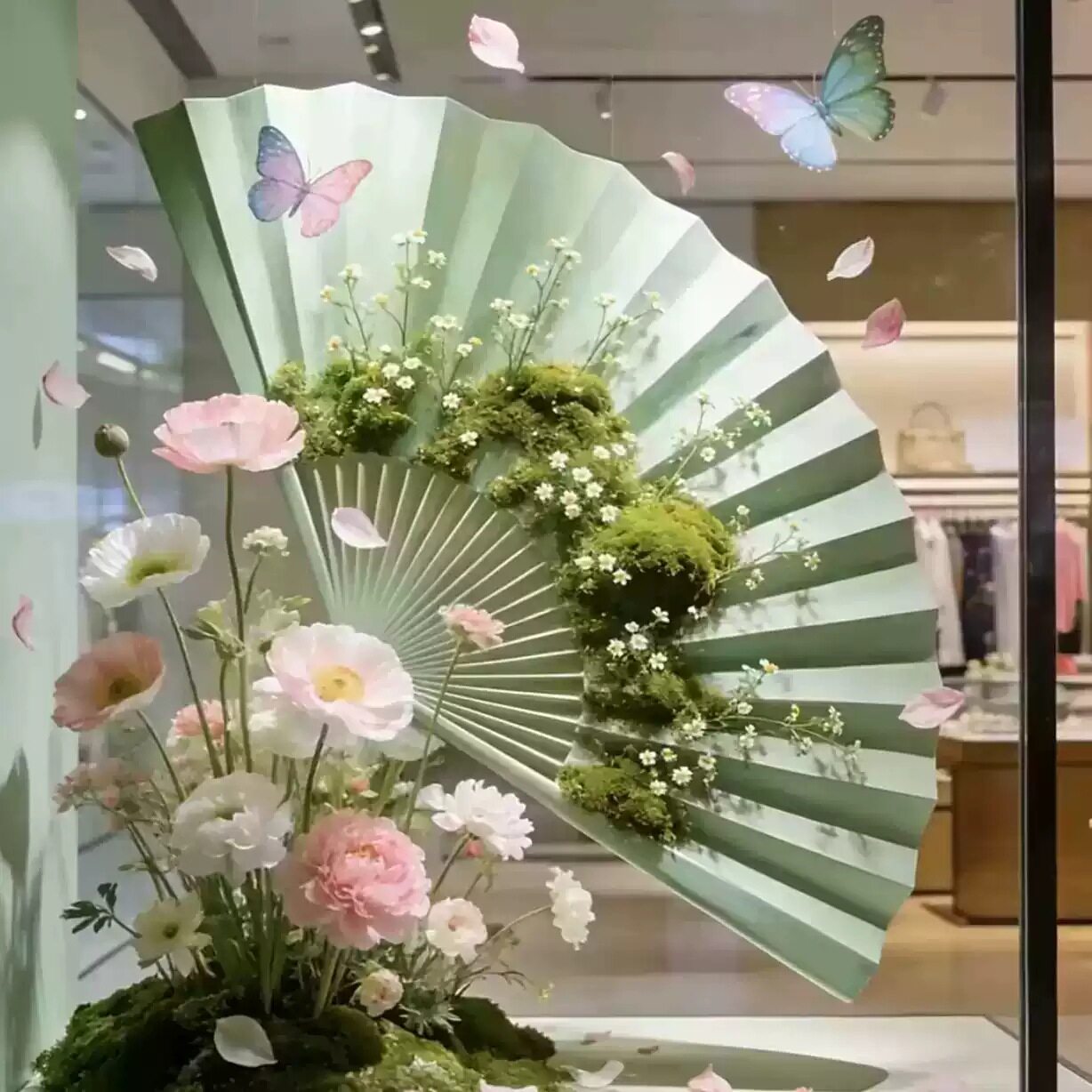 扇子花艺创意装置商业商场活动美陈装饰蝴蝶花卉展示道具摆设摆件