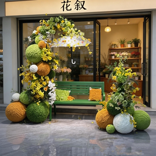 夏日美陈橱窗布置仿真花艺商场开业装饰商业酒店美陈设计