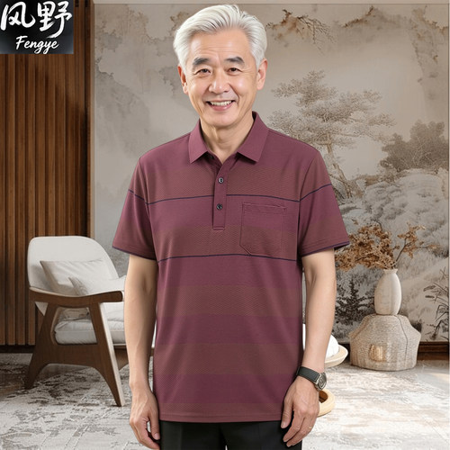 中老年男夏季薄款条纹POLO衫短袖