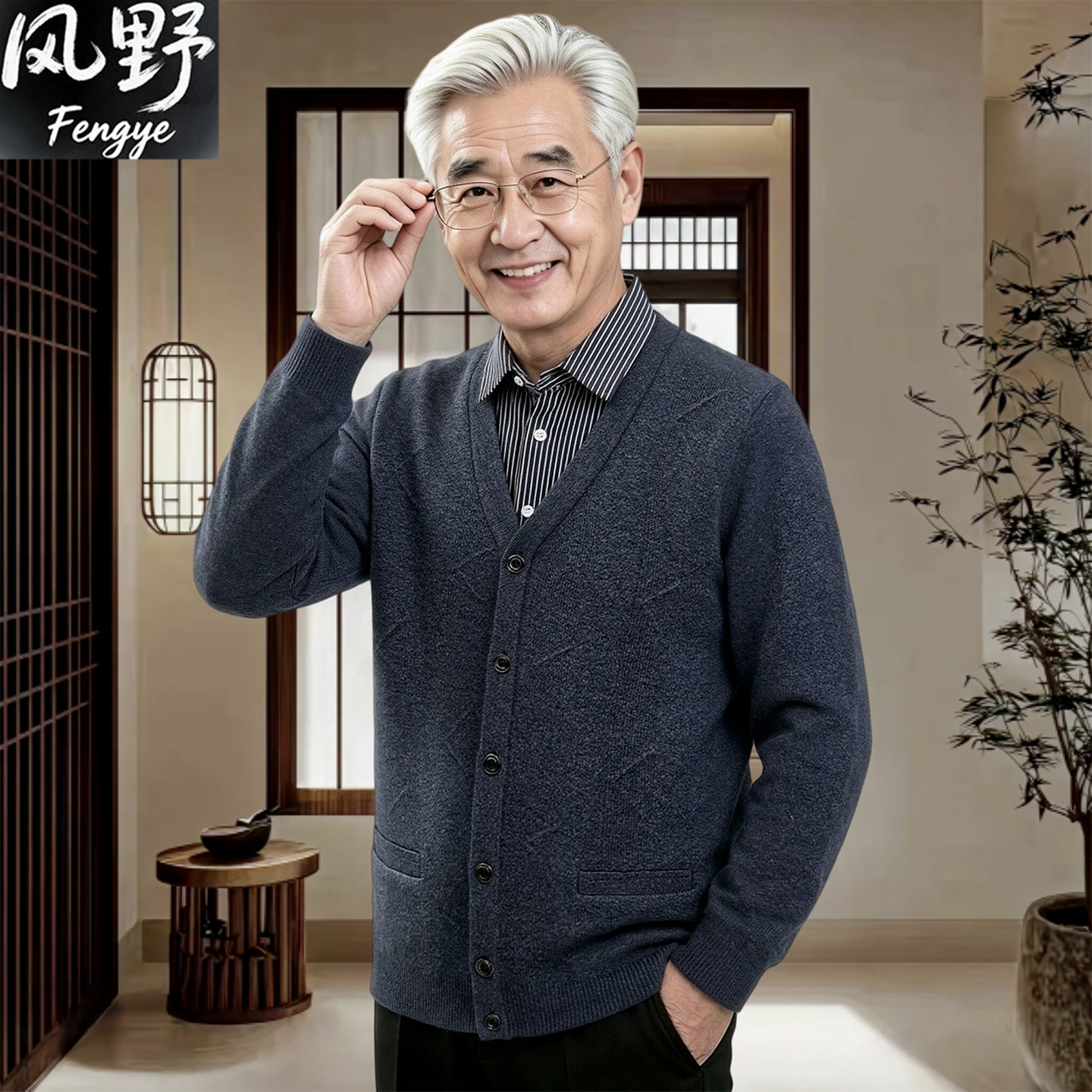 秋冬季老年男装爷爷衬衫领针织衫中老年爸爸装长袖打底衫毛衣外套