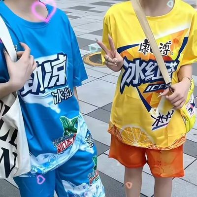夏季冰红茶短袖t恤套装情侣学生搞笑风大胆龙图短裤睡衣抽象衣服