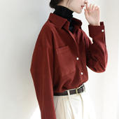 style深红洋气时尚 宽松慵懒风长袖 衬衣男朋友 TRR 衬肤磨毛衬衫 女