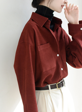 TRR style深红洋气时尚宽松慵懒风长袖衬衣男朋友 衬肤磨毛衬衫女