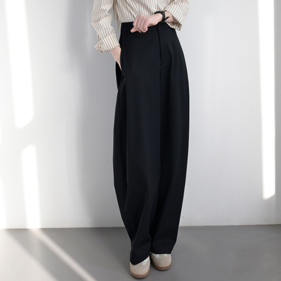 TRR黑色半松紧腰弯刀裤女松弛