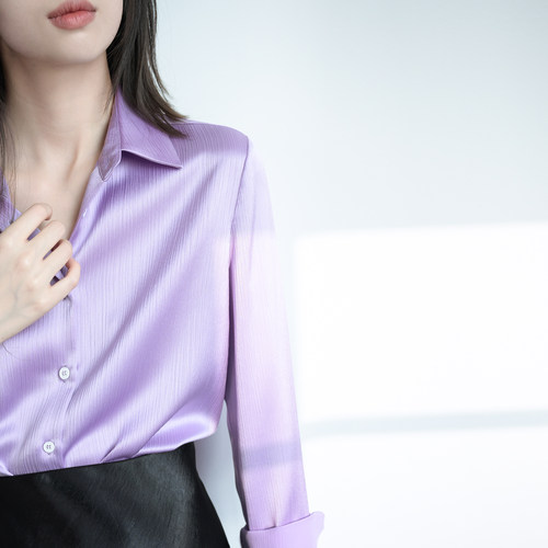 Trr紫色长袖醋酸长袖衬衫女上衣