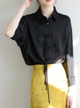 TRR 原创设计提花黑色盘扣长袖衬衫女中国风唐装衬衣复古宽松长袖