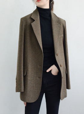 TRR 实穿气场女主 人字纹秋冬立裁厚实西装 保暖羊毛呢子宽松外套