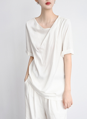 Trr Style 三伏天很凉快 设计感领口微宽松半袖衬衫女 通勤上衣夏