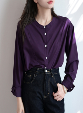 Trr style实穿圈粉紫色圆领宽松长袖衬衫女 ootd实穿上衣舒适衬衣