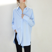 TRR 上衣chic男朋友风衬衣 女fashion慵懒长袖 实穿随意 蓝宽松衬衫