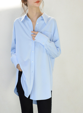 TRR 实穿随意 蓝宽松衬衫女fashion慵懒长袖上衣chic男朋友风衬衣