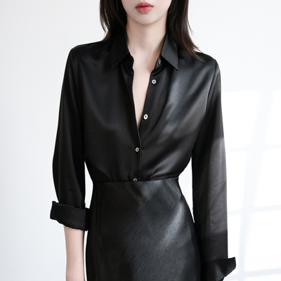Trr气质缎面长袖衬衫女衬衣通勤