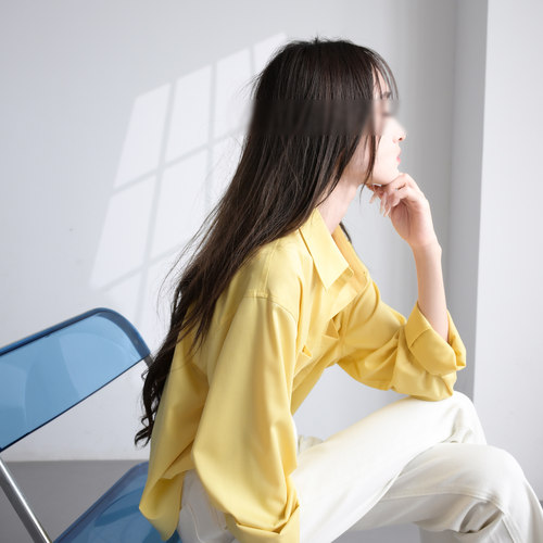 TRR长袖宽松明黄衬衫女双口袋