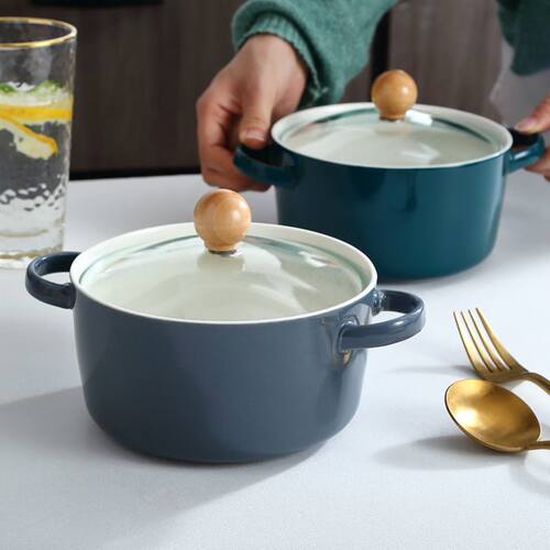 北欧简约双耳陶瓷碗泡面碗带盖宿舍学生餐碗汤碗可微波炉家用餐具