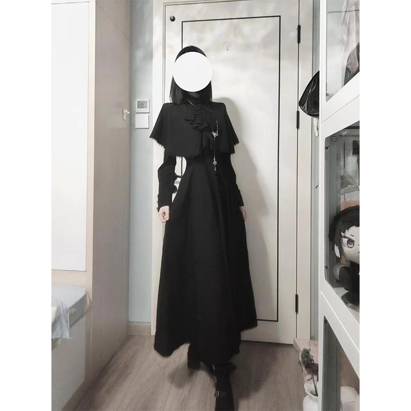 【梦魇魔女】哥特风披肩斗篷+黑色显瘦拼接蕾丝A字连衣裙两件套