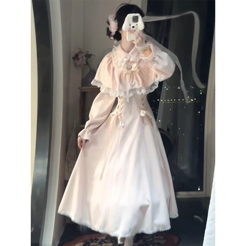 粉色清楚系日系甜美蕾丝拼接蝴蝶结假两件斗篷披肩lolita裙洛丽塔