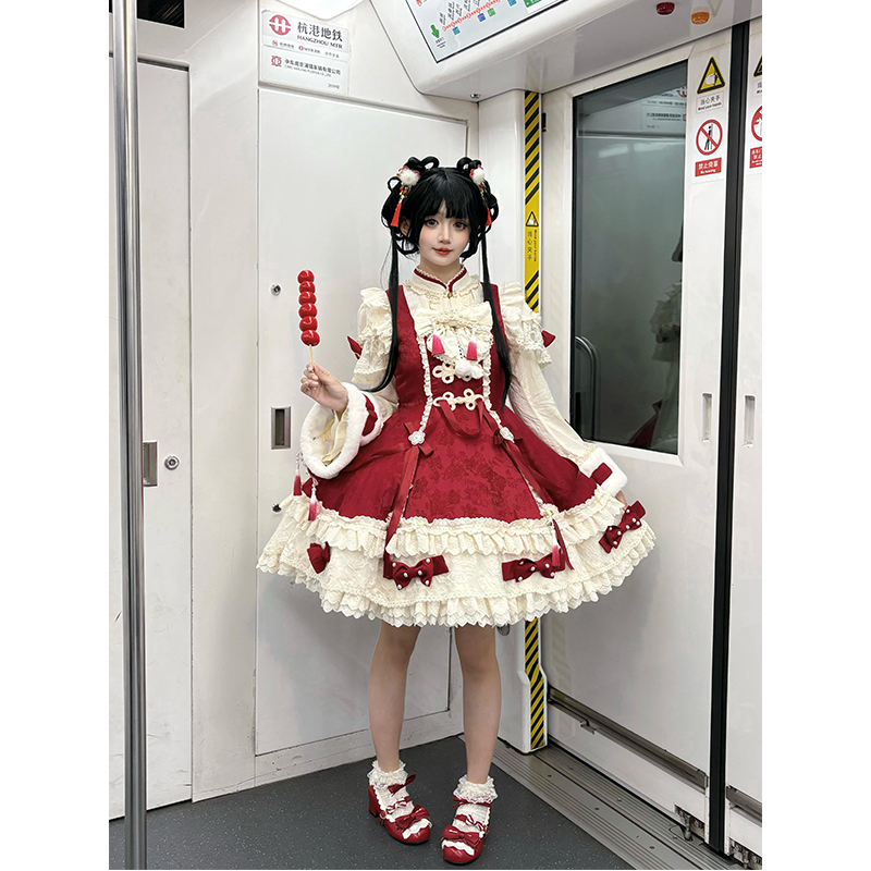 红色甜美可爱Lolita裙秋冬少女感旗袍洛丽塔在逃公丰裙洛丽塔洋装