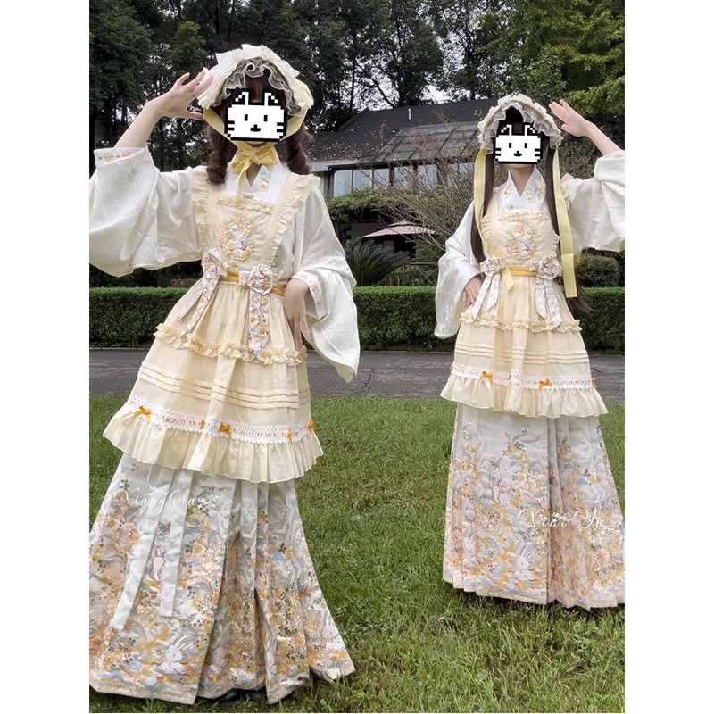 黄色汉洋折衷汉服女琵琶袖马面裙刺绣罩裙洛丽塔lolita裙闺蜜装