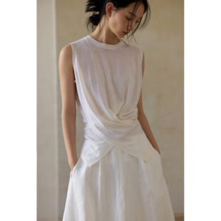 精纺扬子美丽诺羊毛60S腰部交叉无袖 针织T恤上衣 memory commuse