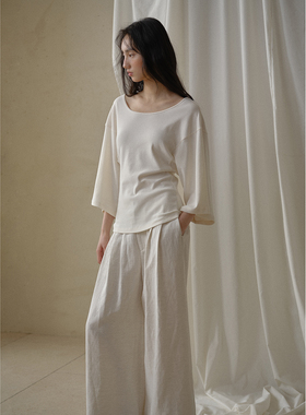 commuse memory『素日绵云』强捻长绒棉收腰宽松七分袖T恤女上衣