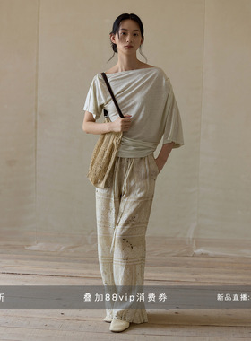 commuse memory 夏季 全亚麻针织不对称下摆灯笼袖微荡一字领上衣