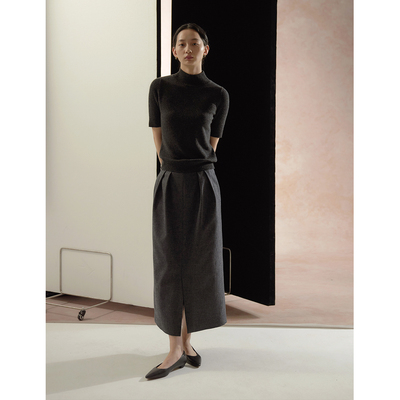 commuse羊毛呢高腰长款半身裙